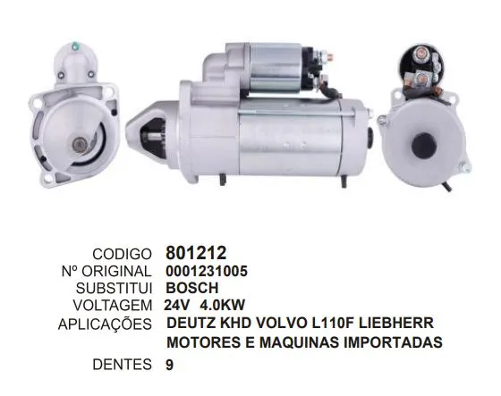 [801212] 801212 MOTOR DE PARTIDA DEUTZ KHD VOLVO L110F LIEBHERR MOTORES E MAQUINAS IMPORTADAS 24V 9D BOSCH