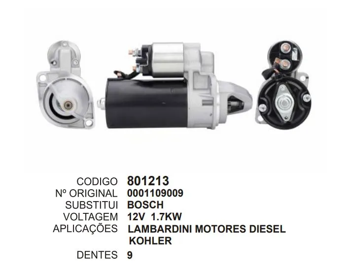 [801213] 801213 MOTOR DE PARTIDA LAMBARDINI MOTORES DIESEL KOHLER 9D 12V BOSCH