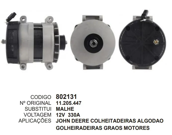 [802131] 802131 ALT. JOHN DEERE COLHEITADEIRAS ALGODAO, COLHEIRADEIRAS GRAOS MOTORES 12V 330A MALHE