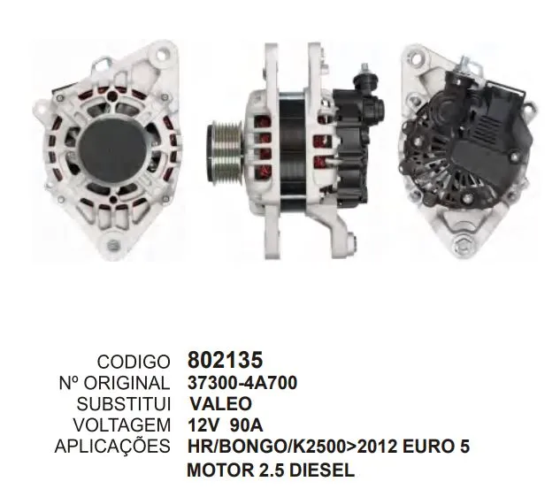 [802135] 802135 ALT. HR, BONGO, K2500>2012, EURO 5 MOTOR 2.5 DIESEL 12V 90A VALEO