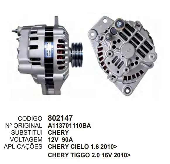 [802147] 802147 ALT. CHERY CIELO 1.6 2010>, CHERY TIGGO 2.0 16V 2010> 12V 90A