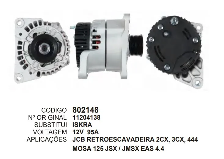 [802148] 802148 ALT. JCB RETROESCAVADEIRA 2CX, 3CX, 444 MOSA 125 JSX / JMSX EAS 4.4 12V 95A ISKRA