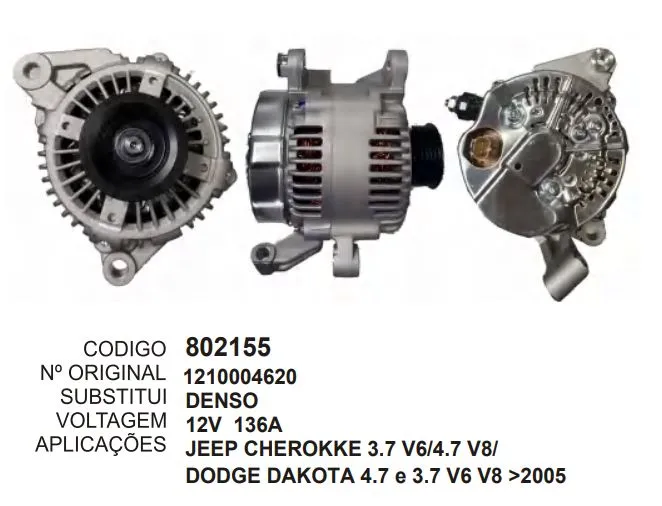 [802155] 802155 ALT. JEEP CHEROKKE 4.7 V8, CHEROKKE LIBERTY, DODGE, DAKOTA 12V 136A DENSO