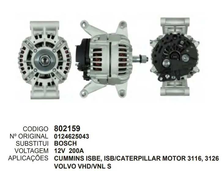 [802159] 802159 ALT. CUMMINS ISBE, ISB, CATERPILLAR MOTOR 3116, 3126 VOLVO VHD/VNL S 12V 100A BOSCH