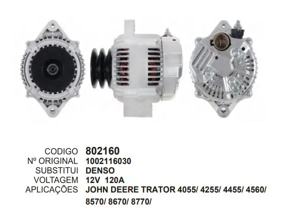 [802160] 802160 ALT. JOHN DEERE TRATOR 4055, 4255, 4455, 4560, 8570, 8670, 8770 12V 120A DENSO