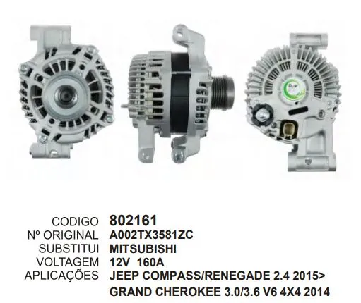 [802161] 802161 ALTERNADOR JEEP COMPASS, RENEGADE 2.4 2015> GRAND CHEROKEE 3.0/3.6 V6 4X4 12V 160A MITSUBISHI