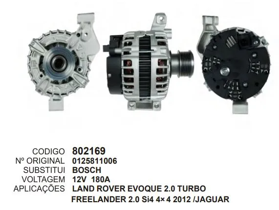 [802169] 802169 ALTERNADOR LAND ROVER EVOQUE, FREELANDEER 2, JAGUAR 12V 180A BOSCH