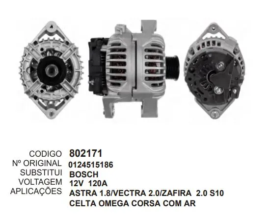 [802171] 802171 ALTERNADOR VECTRA, ASTRA GM, GM ZAFIRA 2.0 120A 12V BOSCH