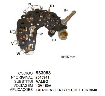 [933058] 933058 PLACA RETIFICADORA CITROEN, FIAT, PEUGEOT IK 3840 12V 150A VALEO